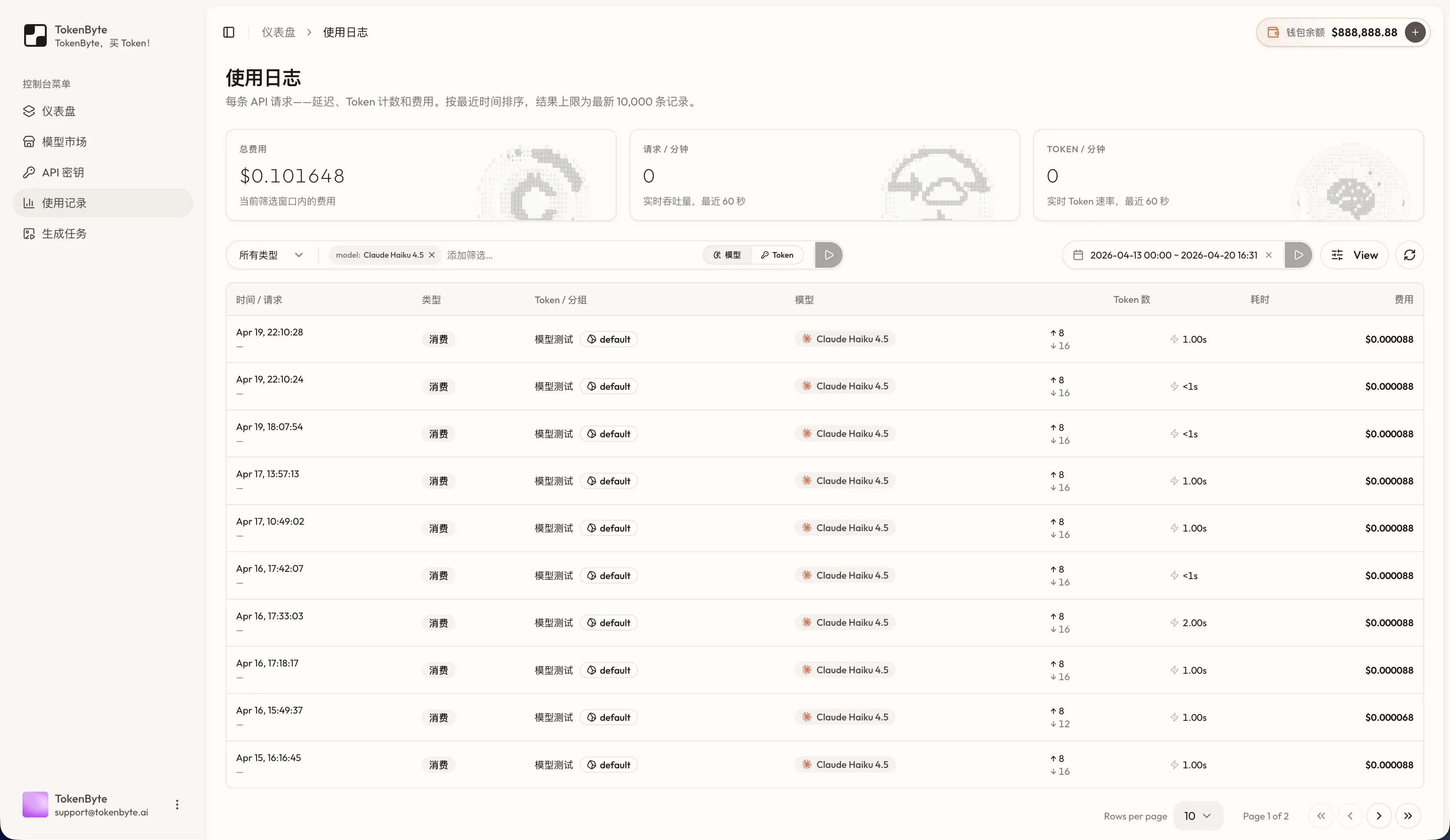 实时用量仪表盘 · 按模型、Key、时段自由切片